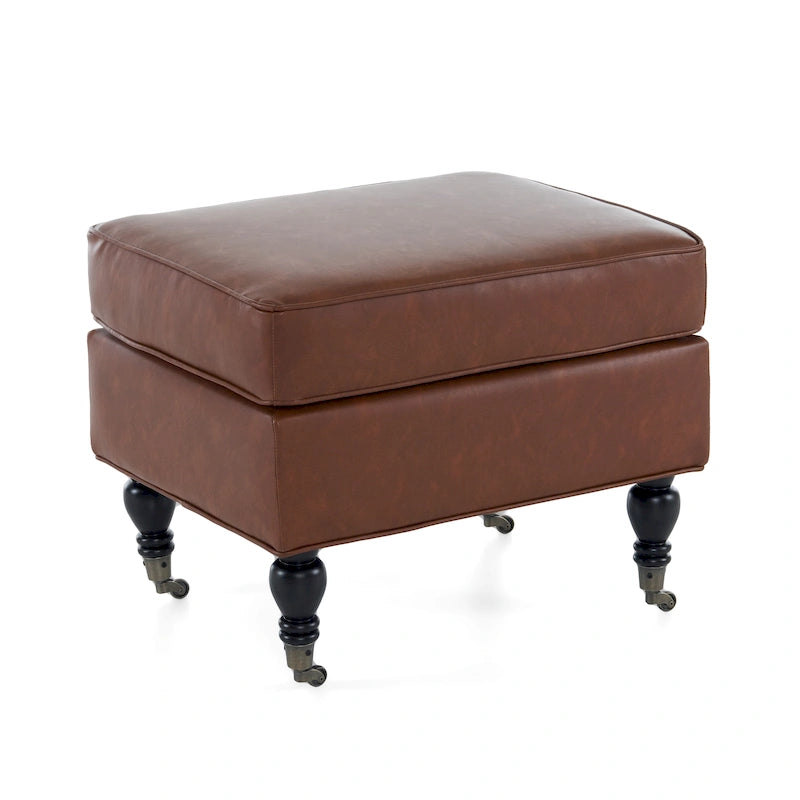 Ottoman carré classique en similicuir avec pieds en bois massif et roulettes