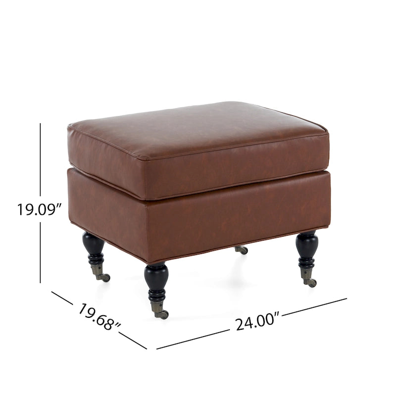 Ottoman carré classique en similicuir avec pieds en bois massif et roulettes