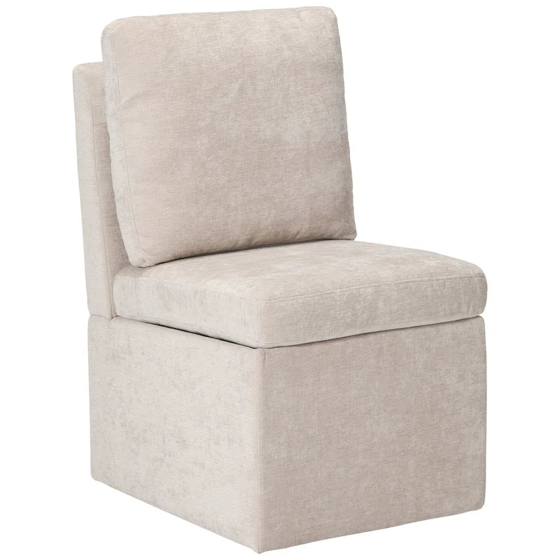 Chaise de salle à manger capitonnée en chenille avec rangement sous l'assise et roulettes