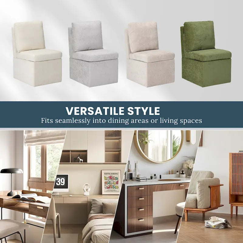 Chaise de salle à manger capitonnée en chenille avec rangement sous l'assise et roulettes