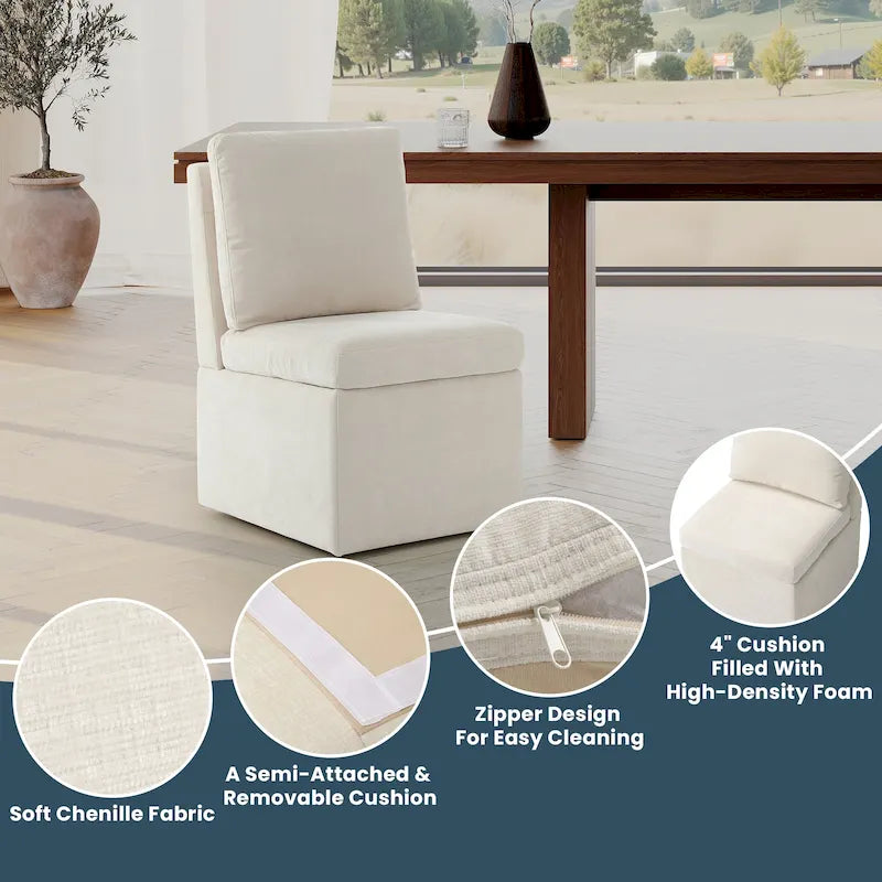 Chaise de salle à manger capitonnée en chenille avec rangement sous l'assise et roulettes