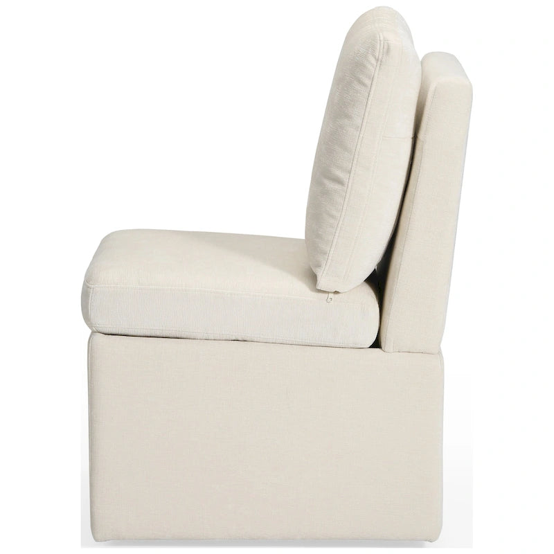 Chaise de salle à manger capitonnée en chenille avec rangement sous l'assise et roulettes