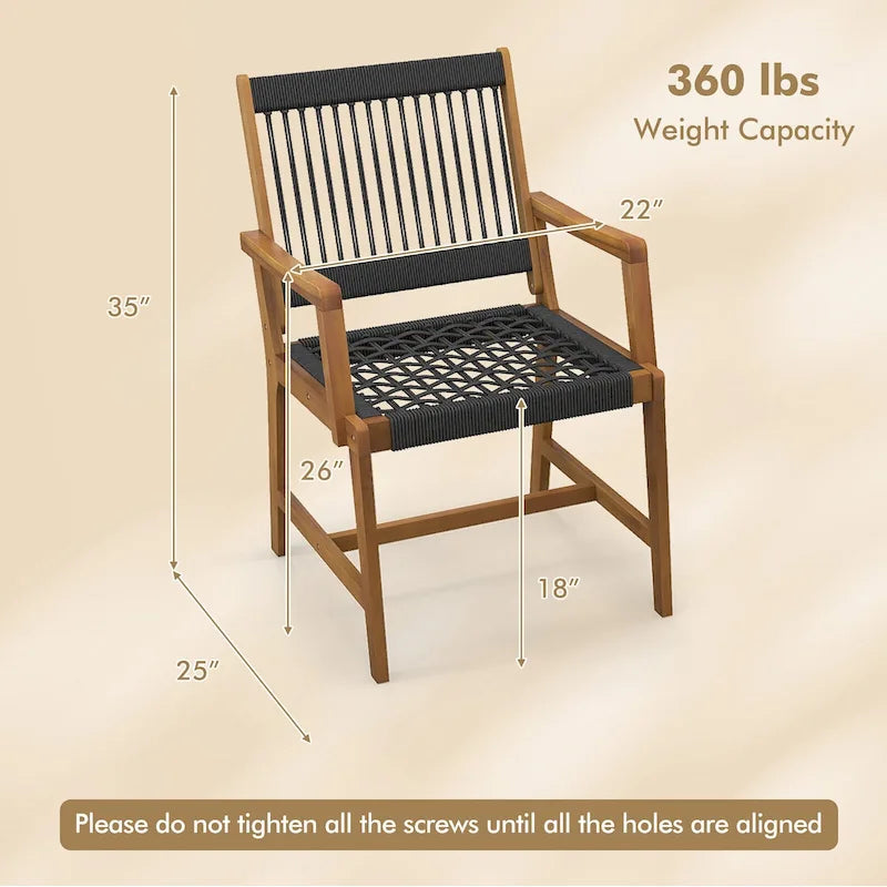 Chaises de salle à manger en bois d'acacia et en corde tressée résistantes aux intempéries pour patio