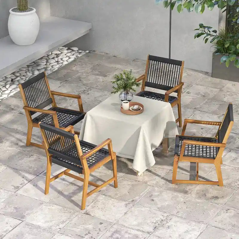 Chaises de salle à manger en bois d'acacia et en corde tressée résistantes aux intempéries pour patio
