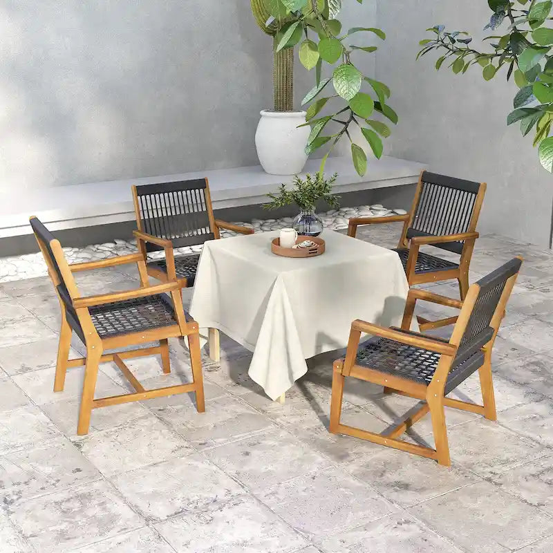 Chaises de salle à manger en bois d'acacia et en corde tressée résistantes aux intempéries pour patio