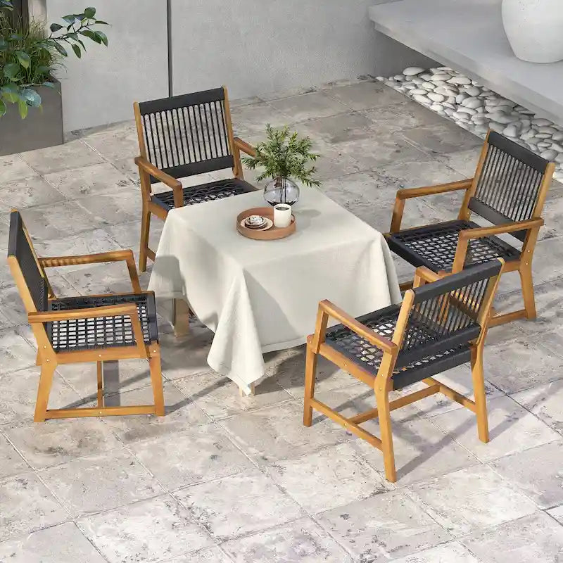 Chaises de salle à manger en bois d'acacia et en corde tressée résistantes aux intempéries pour patio