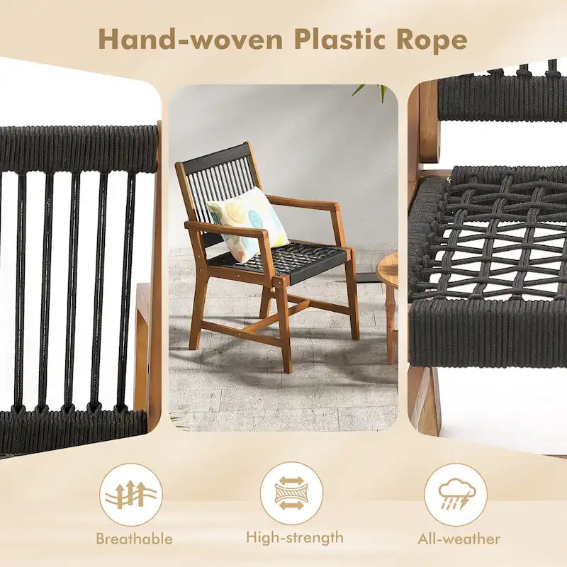 Chaises de salle à manger en bois d'acacia et en corde tressée résistantes aux intempéries pour patio