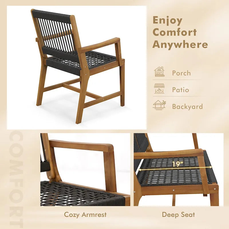Chaises de salle à manger en bois d'acacia et en corde tressée résistantes aux intempéries pour patio