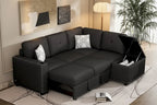 Canapé-lit convertible, canapé d'angle en L avec garniture cloutée, canapé de salon avec pouf de rangement et ports USB, porte-gobelet Noir