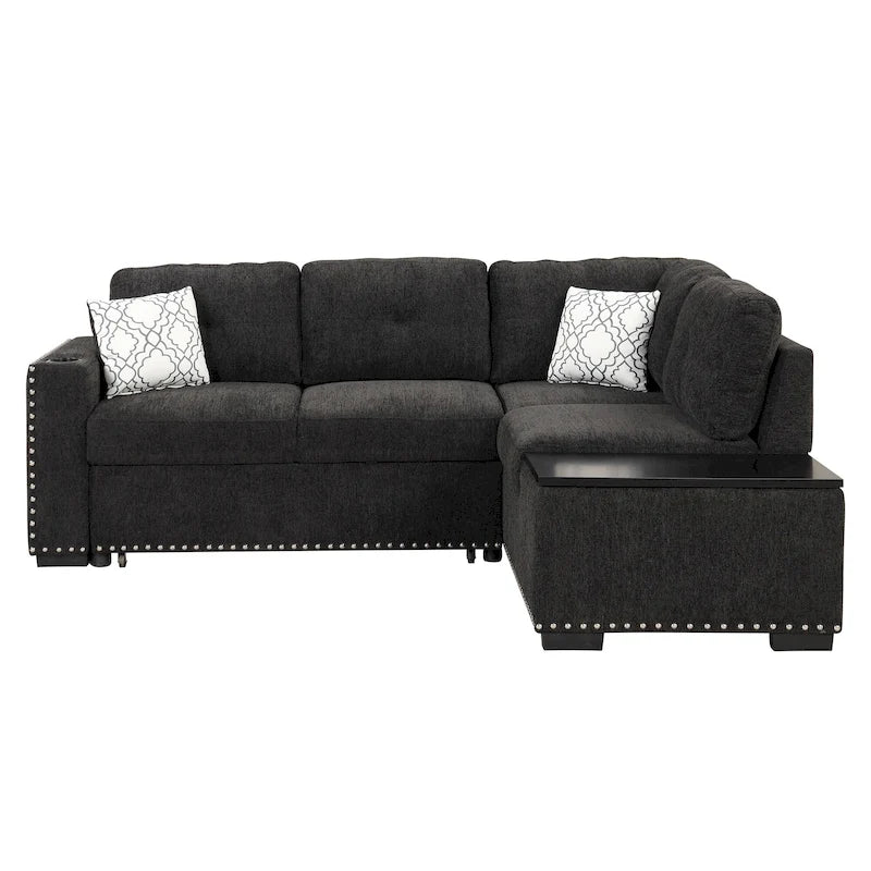 Canapé-lit convertible, canapé d'angle en L avec garniture cloutée, canapé de salon avec pouf de rangement et ports USB, porte-gobelet Noir