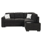 Canapé-lit convertible, canapé d'angle en L avec garniture cloutée, canapé de salon avec pouf de rangement et ports USB, porte-gobelet Noir