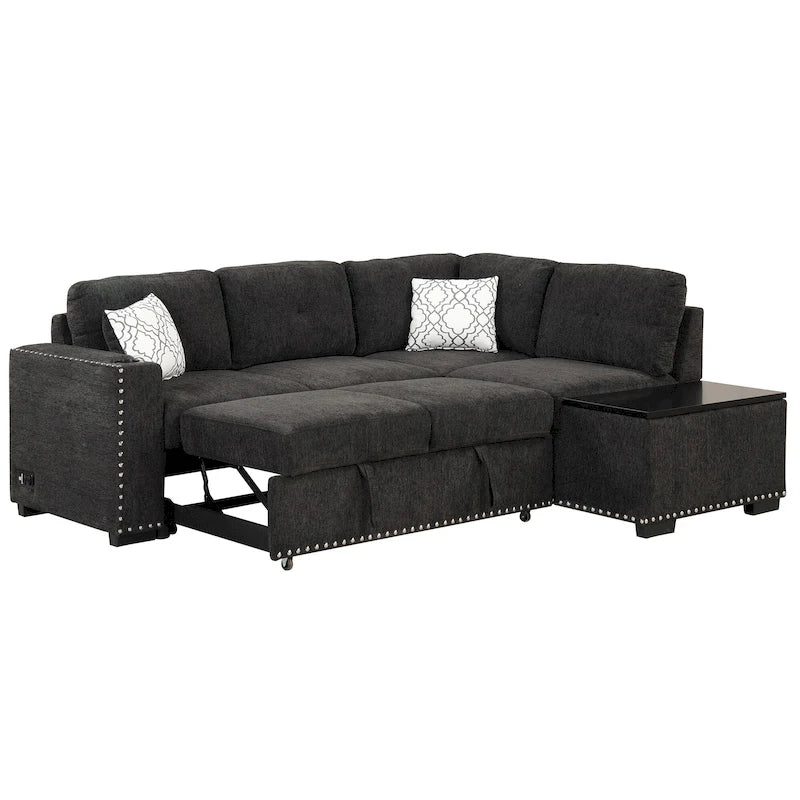 Canapé-lit convertible, canapé d'angle en L avec garniture cloutée, canapé de salon avec pouf de rangement et ports USB, porte-gobelet Noir