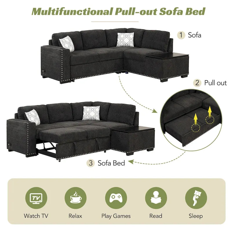 Canapé-lit convertible, canapé d'angle en L avec garniture cloutée, canapé de salon avec pouf de rangement et ports USB, porte-gobelet Noir