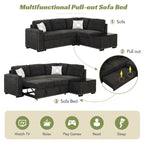 Canapé-lit convertible, canapé d'angle en L avec garniture cloutée, canapé de salon avec pouf de rangement et ports USB, porte-gobelet Noir
