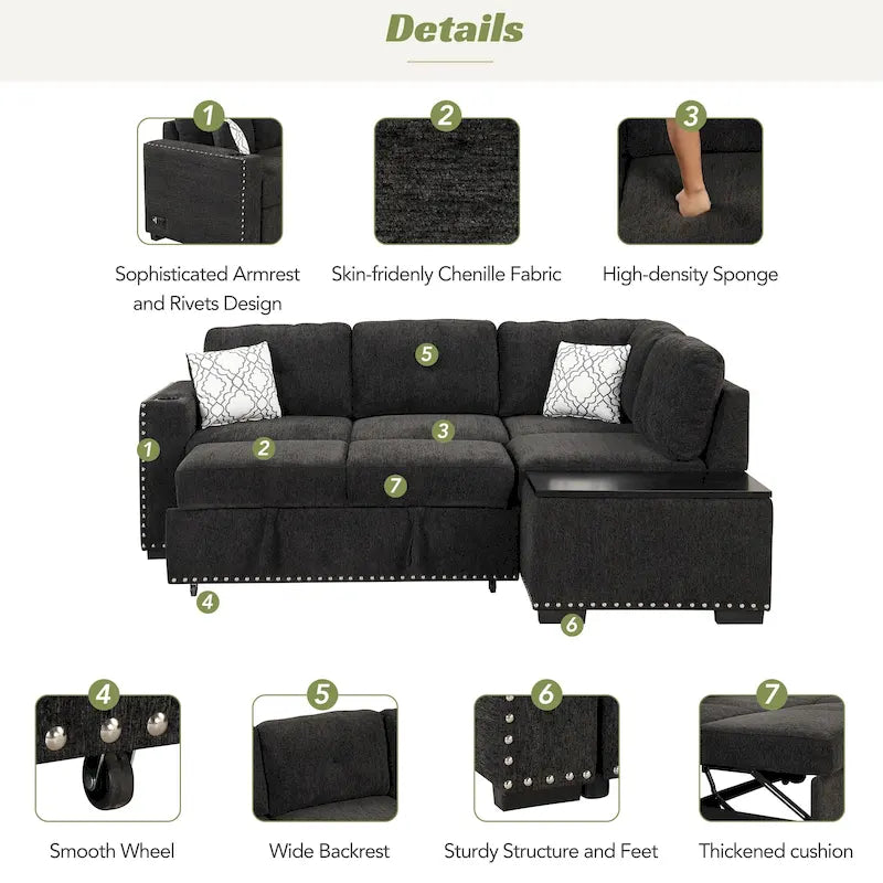 Canapé-lit convertible, canapé d'angle en L avec garniture cloutée, canapé de salon avec pouf de rangement et ports USB, porte-gobelet Noir