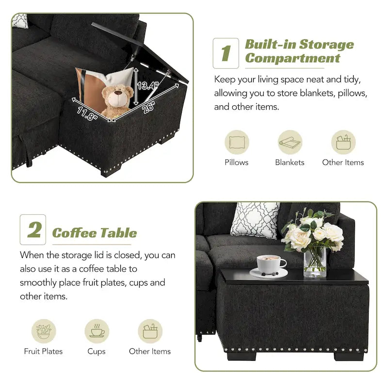 Canapé-lit convertible, canapé d'angle en L avec garniture cloutée, canapé de salon avec pouf de rangement et ports USB, porte-gobelet Noir