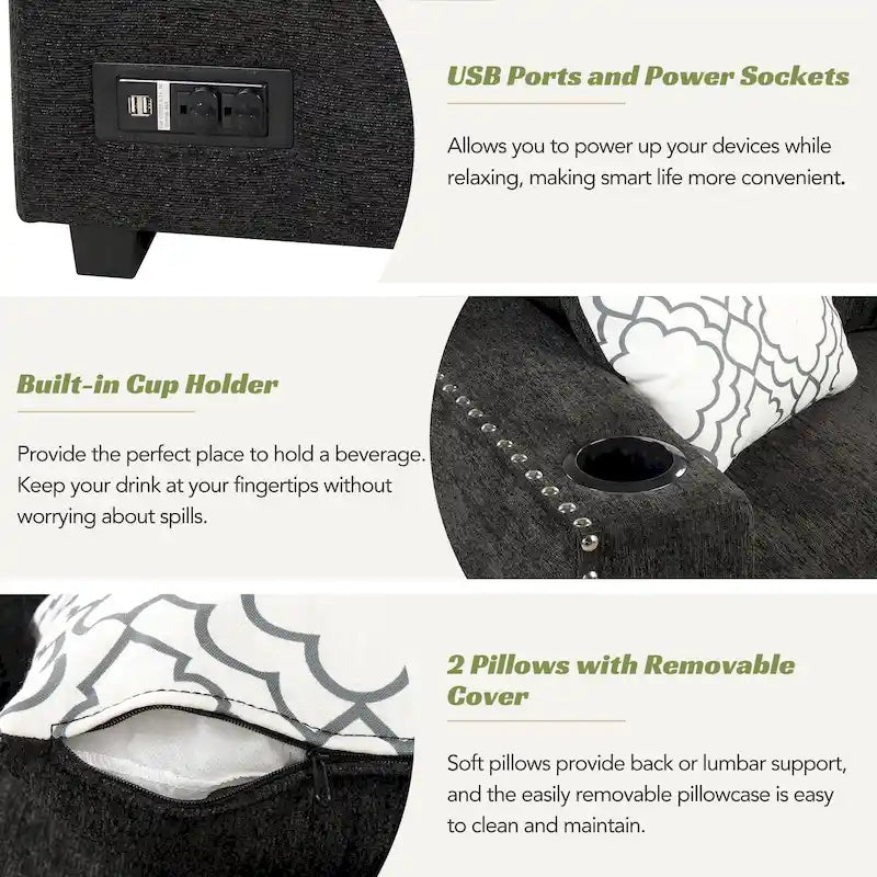 Canapé-lit convertible, canapé d'angle en L avec garniture cloutée, canapé de salon avec pouf de rangement et ports USB, porte-gobelet Noir