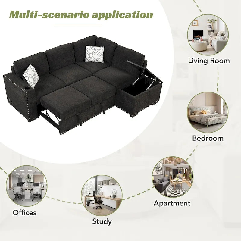 Canapé-lit convertible, canapé d'angle en L avec garniture cloutée, canapé de salon avec pouf de rangement et ports USB, porte-gobelet Noir
