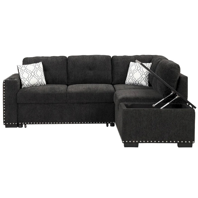 Canapé-lit convertible, canapé d'angle en L avec garniture cloutée, canapé de salon avec pouf de rangement et ports USB, porte-gobelet Noir