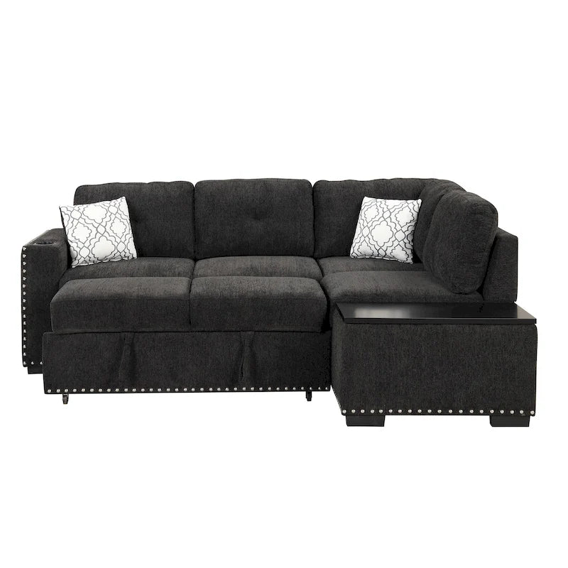 Canapé-lit convertible, canapé d'angle en L avec garniture cloutée, canapé de salon avec pouf de rangement et ports USB, porte-gobelet Noir