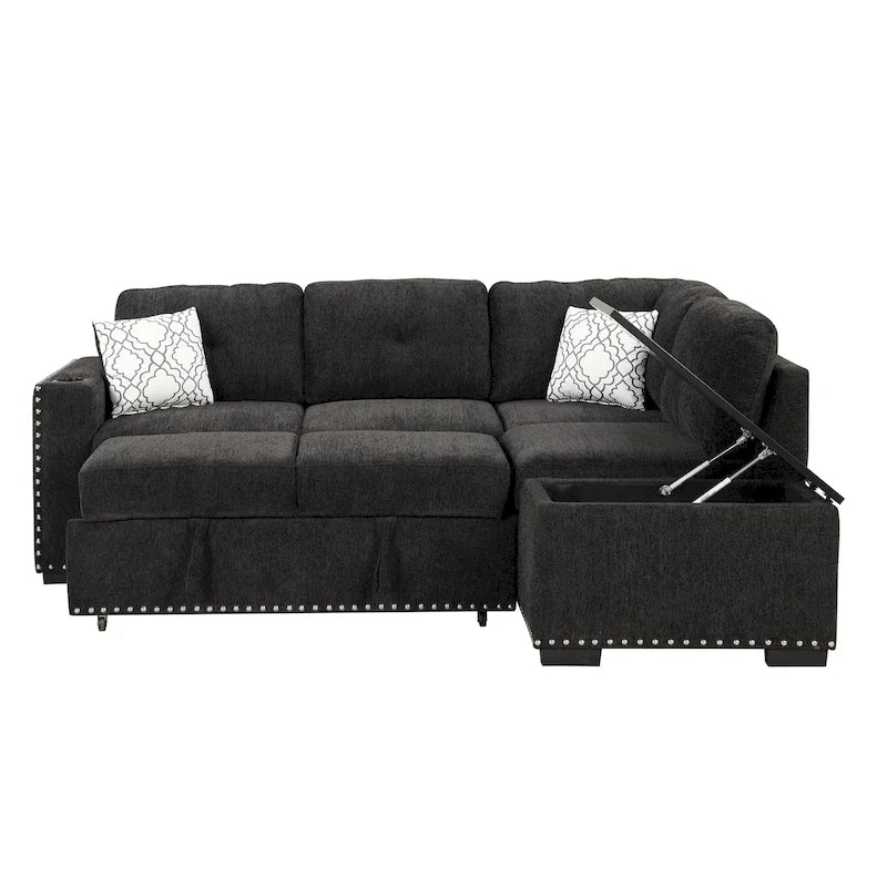 Canapé-lit convertible, canapé d'angle en L avec garniture cloutée, canapé de salon avec pouf de rangement et ports USB, porte-gobelet Noir