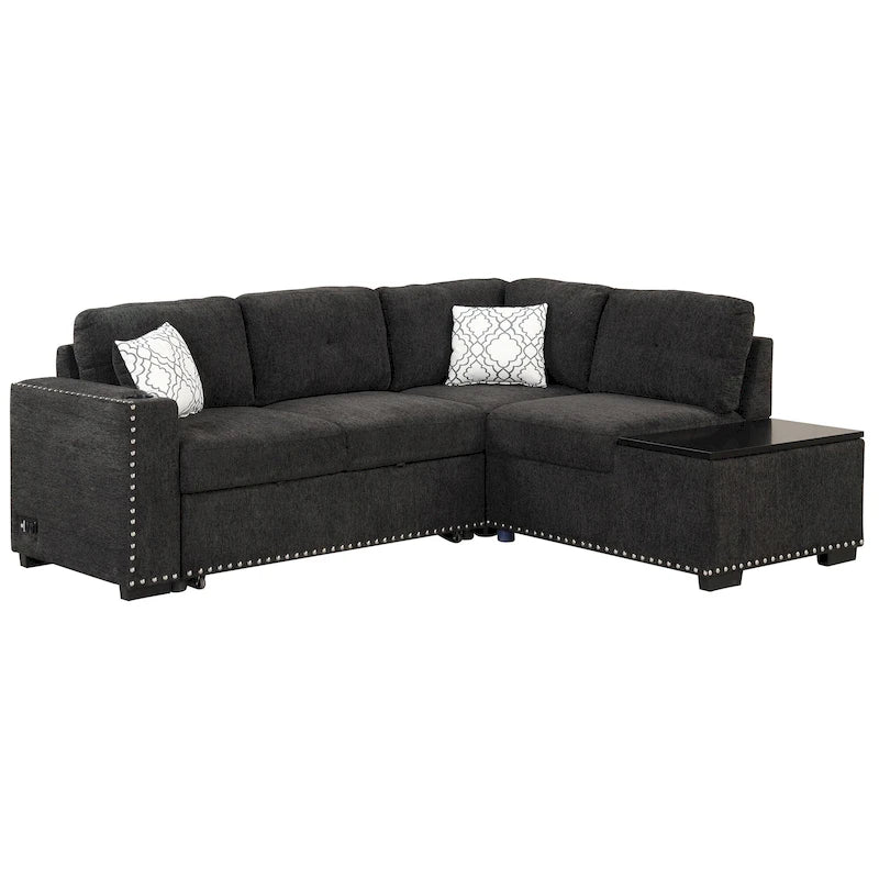 Canapé-lit convertible, canapé d'angle en L avec garniture cloutée, canapé de salon avec pouf de rangement et ports USB, porte-gobelet Noir