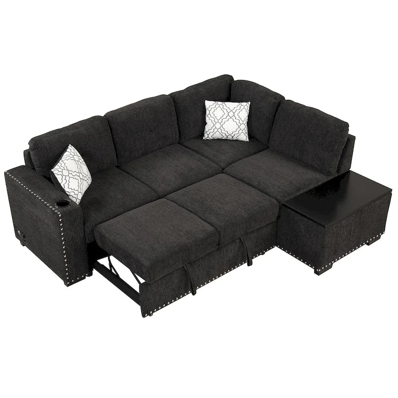Canapé-lit convertible, canapé d'angle en L avec garniture cloutée, canapé de salon avec pouf de rangement et ports USB, porte-gobelet Noir