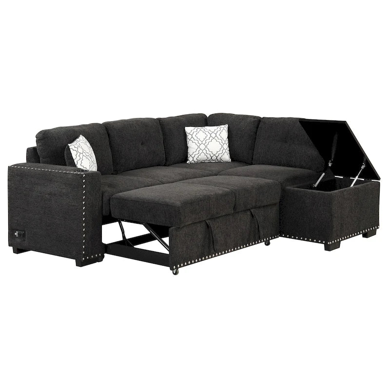 Canapé-lit convertible, canapé d'angle en L avec garniture cloutée, canapé de salon avec pouf de rangement et ports USB, porte-gobelet Noir