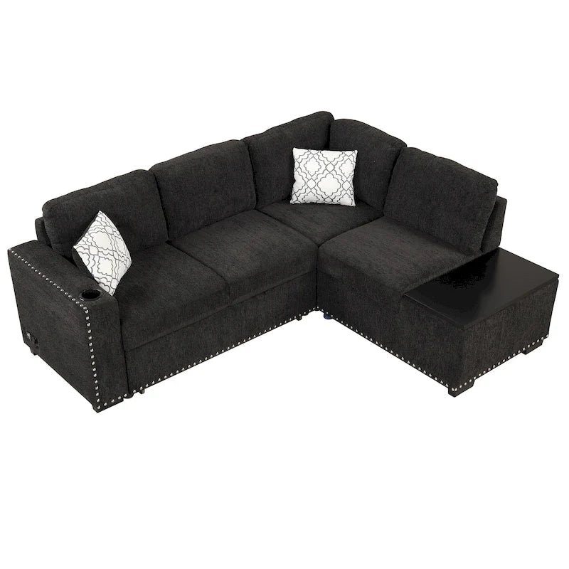 Canapé-lit convertible, canapé d'angle en L avec garniture cloutée, canapé de salon avec pouf de rangement et ports USB, porte-gobelet Noir