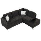 Canapé-lit convertible, canapé d'angle en L avec garniture cloutée, canapé de salon avec pouf de rangement et ports USB, porte-gobelet Noir