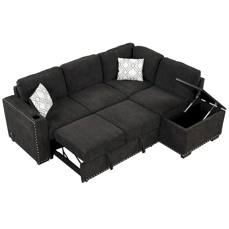 Canapé-lit convertible, canapé d'angle en L avec garniture cloutée, canapé de salon avec pouf de rangement et ports USB, porte-gobelet Noir