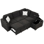 Canapé-lit convertible, canapé d'angle en L avec garniture cloutée, canapé de salon avec pouf de rangement et ports USB, porte-gobelet Noir