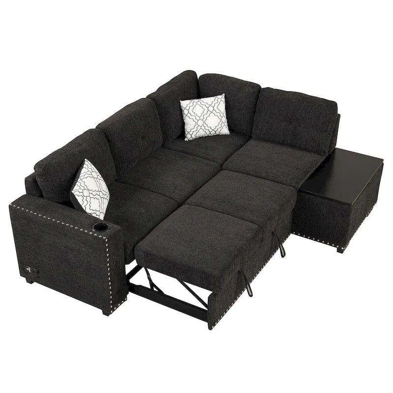 Canapé-lit convertible, canapé d'angle en L avec garniture cloutée, canapé de salon avec pouf de rangement et ports USB, porte-gobelet Noir
