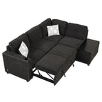 Canapé-lit convertible, canapé d'angle en L avec garniture cloutée, canapé de salon avec pouf de rangement et ports USB, porte-gobelet Noir