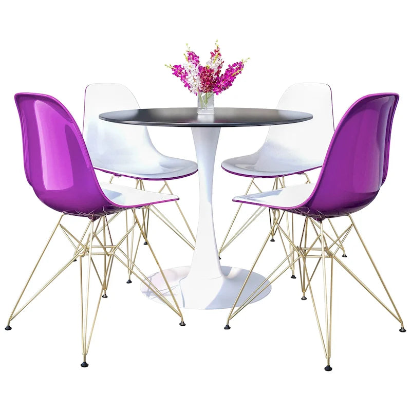Ensemble de salle à manger 5 pièces Bristol – Table ronde 35" et 4 chaises en plastique avec base dorée