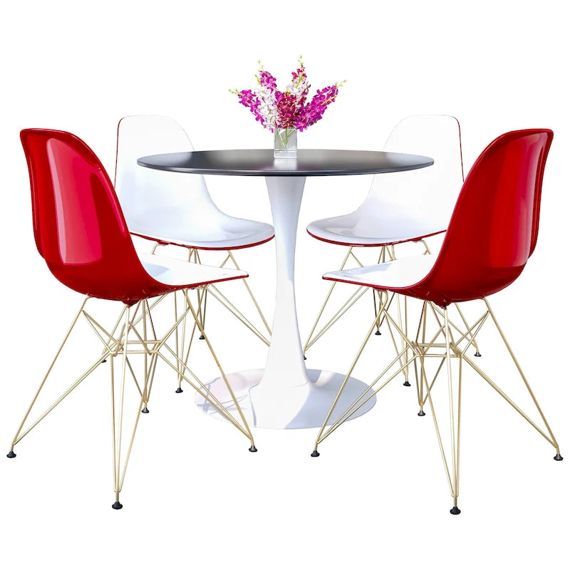 Ensemble de salle à manger 5 pièces Bristol – Table ronde 35" et 4 chaises en plastique avec base dorée