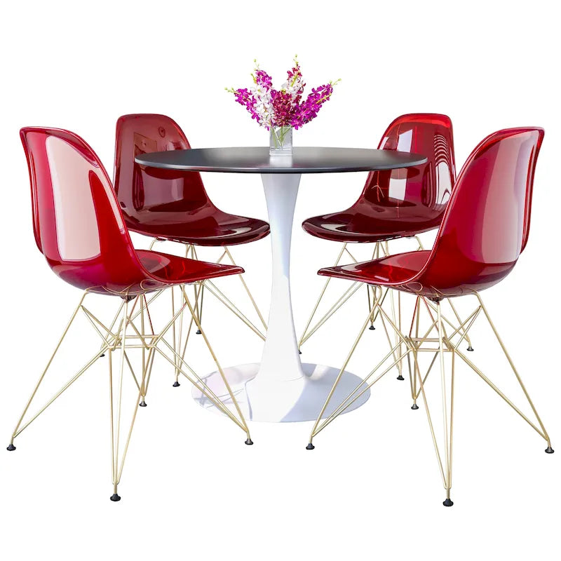 Ensemble de salle à manger 5 pièces Bristol – Table ronde 35" et 4 chaises en plastique avec base dorée