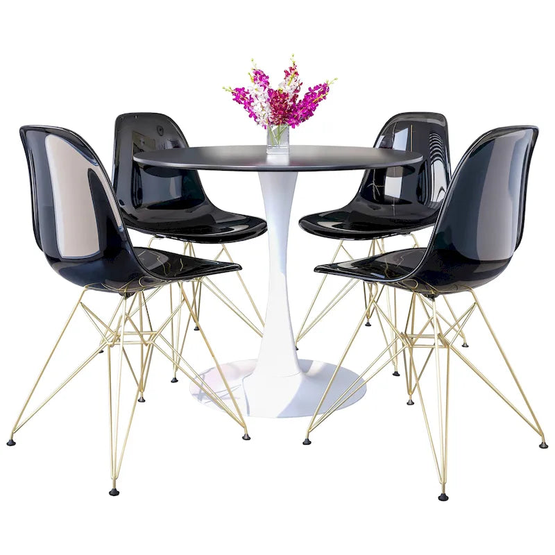 Ensemble de salle à manger 5 pièces Bristol – Table ronde 35" et 4 chaises en plastique avec base dorée