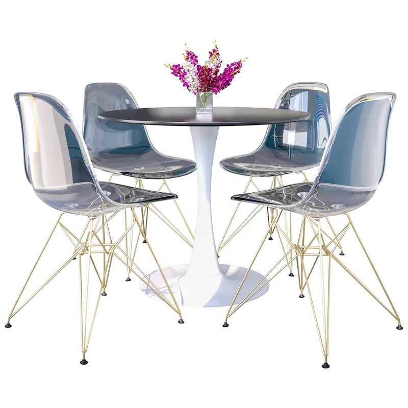 Ensemble de salle à manger 5 pièces Bristol – Table ronde 35" et 4 chaises en plastique avec base dorée