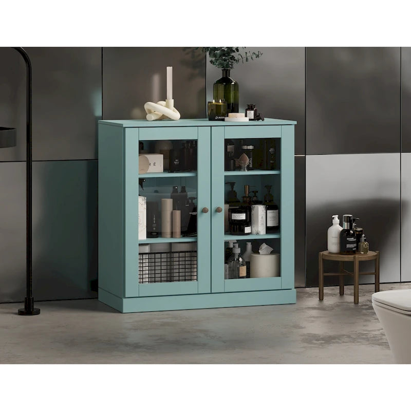 Meuble de salle de bain 100 % bois massif 32 po avec portes en verre transparent et étagères réglables