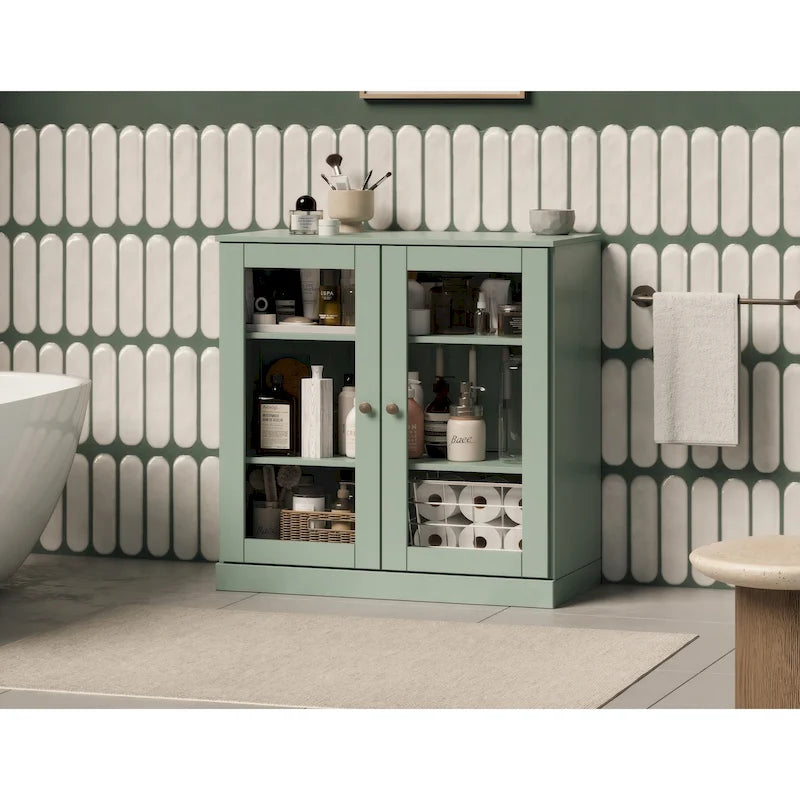 Meuble de salle de bain 100 % bois massif 32 po avec portes en verre transparent et étagères réglables