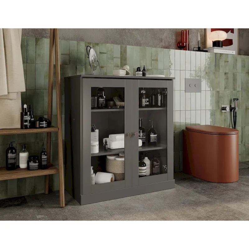 Meuble de salle de bain 100 % bois massif 32 po avec portes en verre transparent et étagères réglables