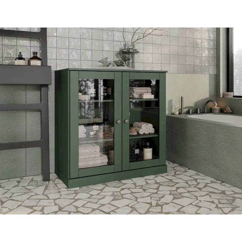Meuble de salle de bain 100 % bois massif 32 po avec portes en verre transparent et étagères réglables