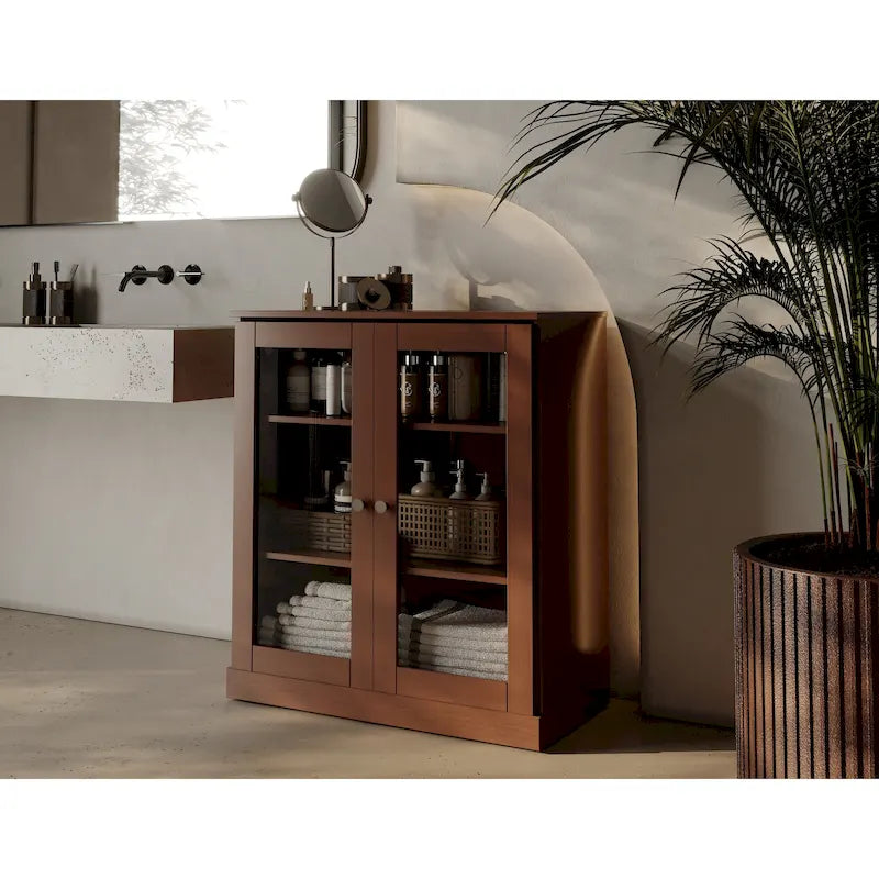 Meuble de salle de bain 100 % bois massif 32 po avec portes en verre transparent et étagères réglables