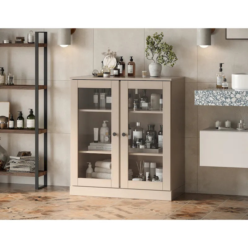 Meuble de salle de bain 100 % bois massif 32 po avec portes en verre transparent et étagères réglables