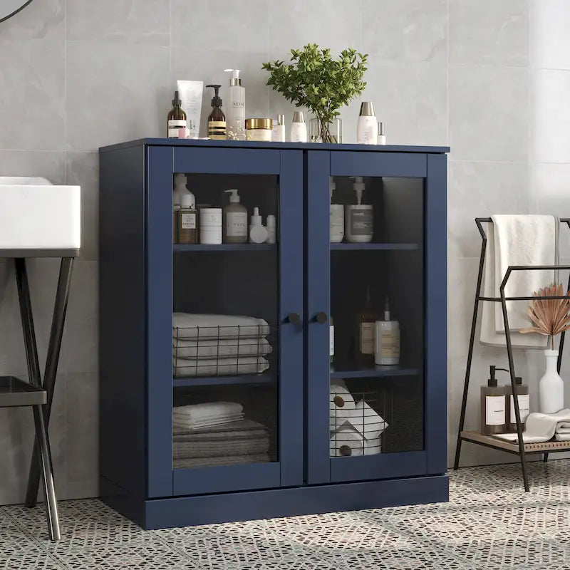 Meuble de salle de bain 100 % bois massif 32 po avec portes en verre transparent et étagères réglables