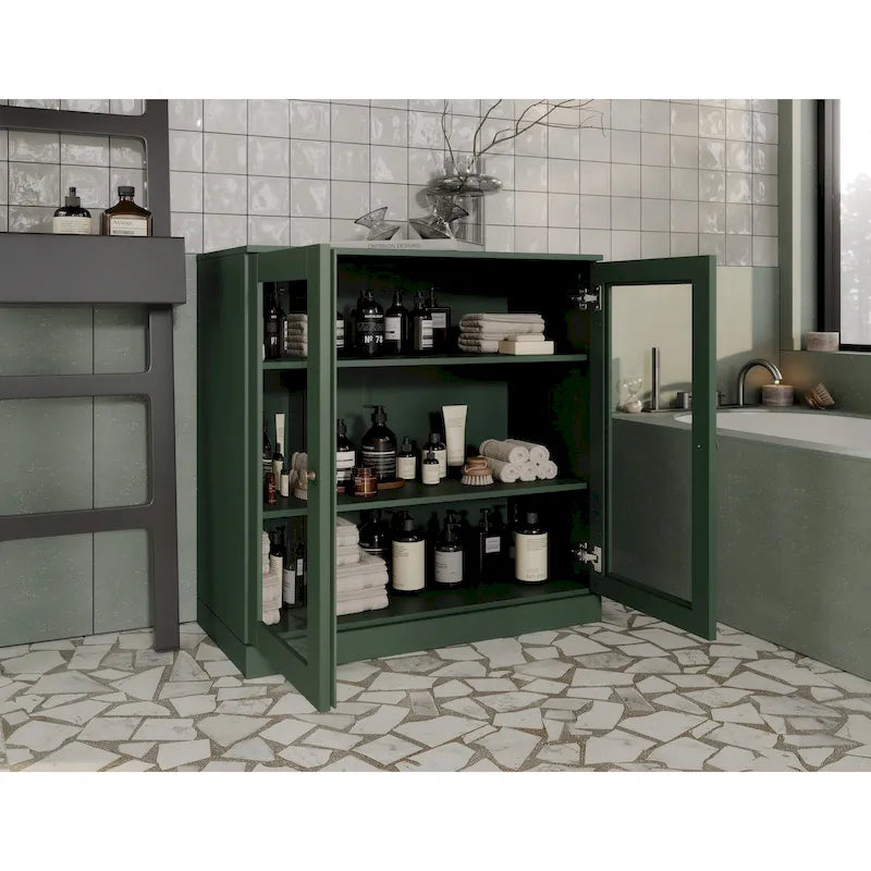 Meuble de salle de bain 100 % bois massif 32 po avec portes en verre transparent et étagères réglables