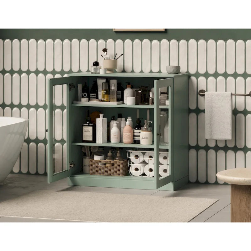 Meuble de salle de bain 100 % bois massif 32 po avec portes en verre transparent et étagères réglables
