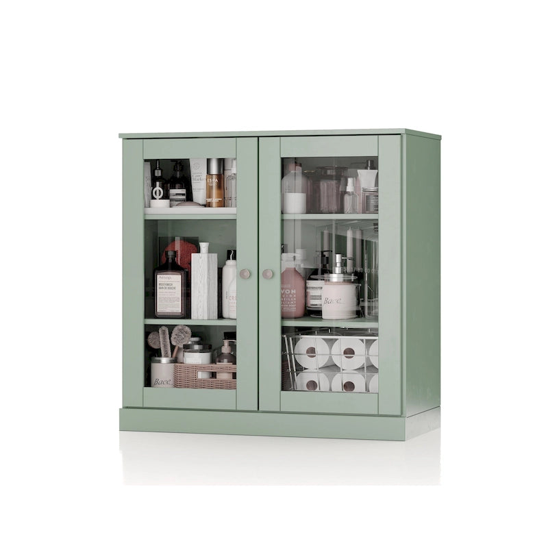 Meuble de salle de bain 100 % bois massif 32 po avec portes en verre transparent et étagères réglables