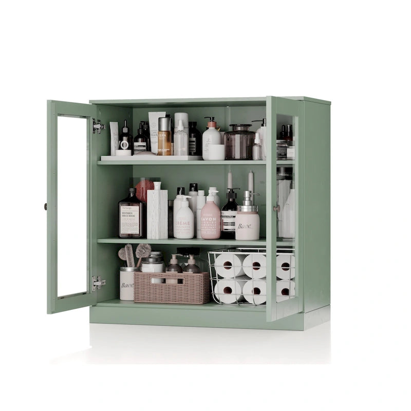 Meuble de salle de bain 100 % bois massif 32 po avec portes en verre transparent et étagères réglables